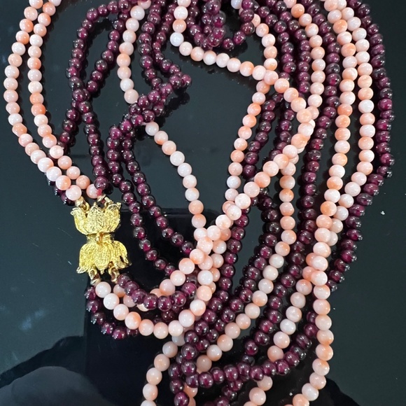 Vintage Garnet Coral Pink Angel Skin Necklace 3.8mm Beads 4 strand 24" u… - Picture 3 of 10